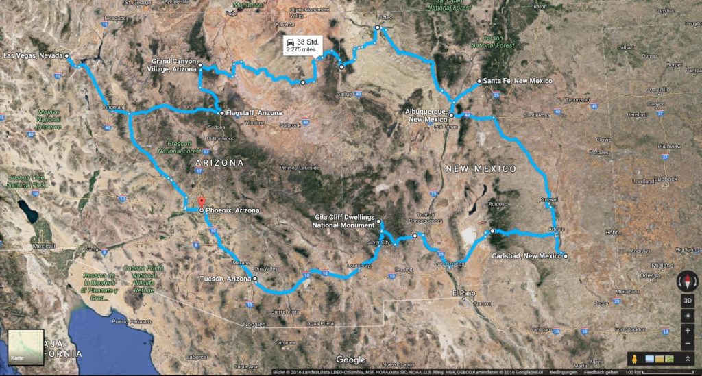 Route USA Roadtrip 2016 - Flying Saucers Tour, Arizona, New Mexico, Nevada