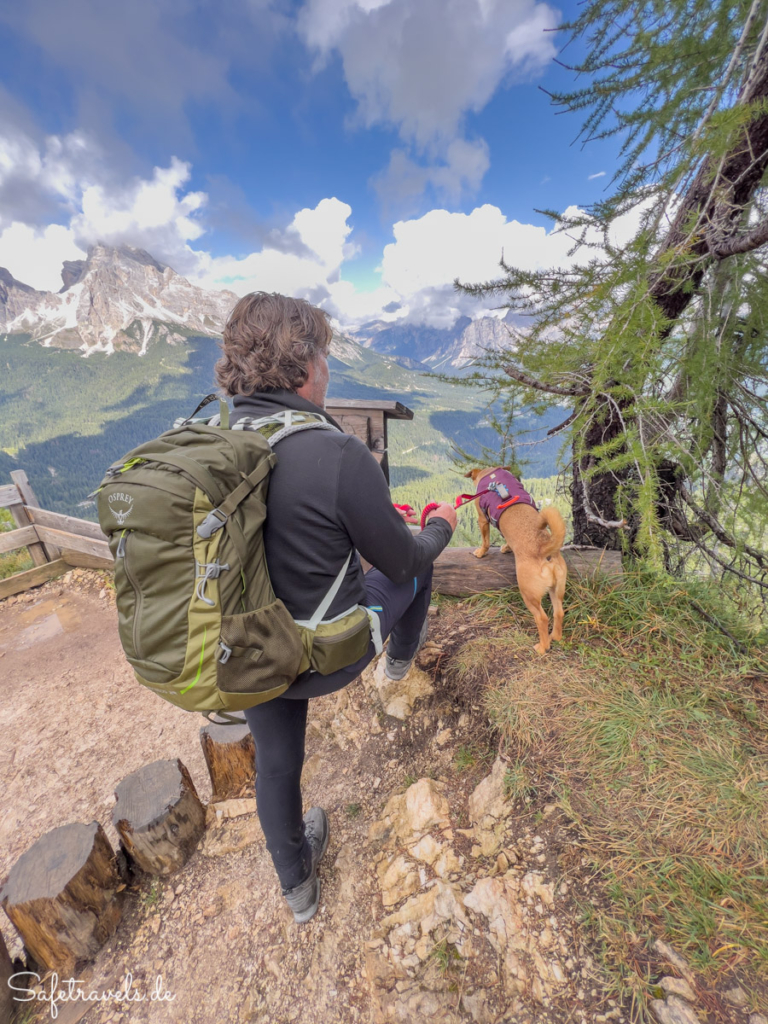 Ausblick in den Dolomiten mit Hund